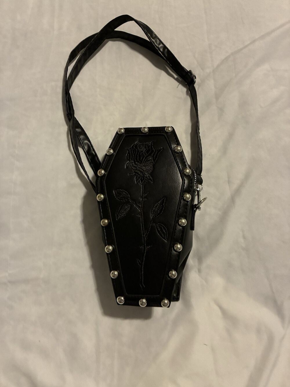 NEW Black Coffin Shaped Gothic Crossbody Bag Purse Rose Embroidery Silver Studs